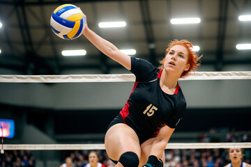 A determined female volleyball player exhibits intense focus and athletic prowess mid-air during a dynamic play