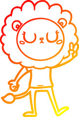 warm gradient line drawing cartoon lion giving peac sign