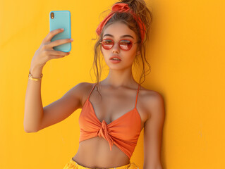 Stylish summer selfie with vibrant yellow aesthetic