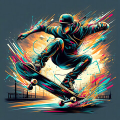 Dynamic Skateboarder in Action, Surrounded by Vibrant Colors and Abstract Elements