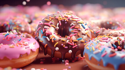 Donut Dessert Pastel Sweets Bakery Sweet Treats Pastries colorful Food Snack Biscuit Delicious Flavor Doughnut Frosted Mouthwatering Glazed Sprinkles Marshmallows Rainbow Fried Jelly Vanilla - obrazy, fototapety, plakaty