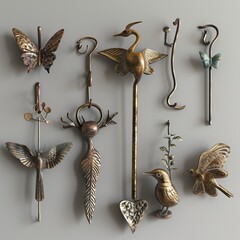 Elegant Collection of Metallic Animal and Insect Showpiece Items Including Butterflies, Birds, and Abstract Designs Mounted on Wall