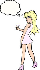 cartoon woman posing in dress with thought bubble