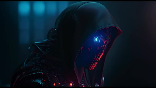 Evil skeleton robot in metal armor. Skull of futuristic evil cyborg in hood. Technology, robotics, artificial intelligence and future concept.