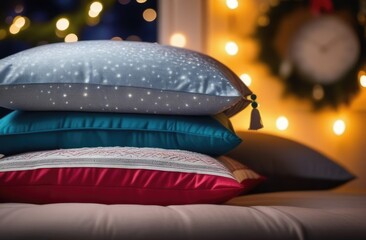World Sleep Day, modern bedroom interior, cozy atmosphere, luxury hotel, stack of colorful pillows, glow and bokeh