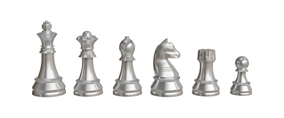 Set of 3D silver chess pieces. Chess piece icons. Board game. All chess pieces. King, Queen, rooks, knights, bishops, pawns. 3d illustration