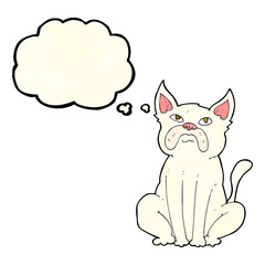 cartoon grumpy little dog with thought bubble