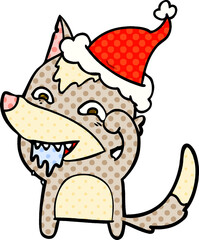 comic book style illustration of a hungry wolf wearing santa hat