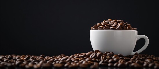 Toned cup of coffee beans on black background.