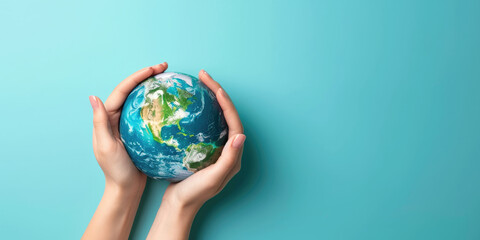 Two hands cradle a miniature Earth against a vivid blue background, symbolizing care and responsibility for our planet.	
