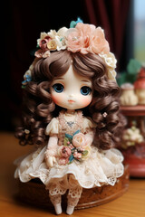 Fototapeta premium Very beautiful doll with long wavy hair in lace attire dress