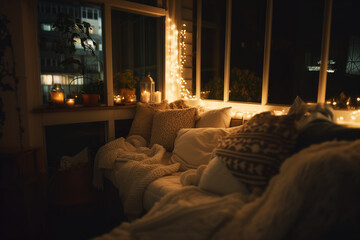 An image of a cozy, softly lit corner with comfortable pillows and a warm blanket, representing a safe space for relaxation and reflection that evoke empathy, understanding, support for mental health