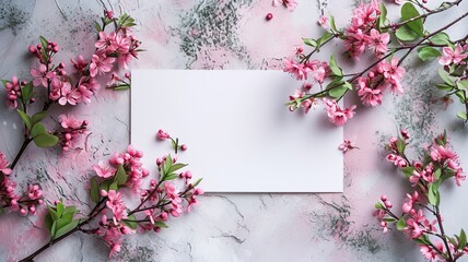 Greeting card, poster with apple blossoms and sheet of white paper, copy space