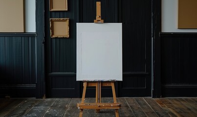 Wooden easel with blank canvas standing near black wall, mockup