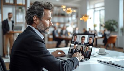 Businessman at zoom meeting. Zoom conference. Business partners communicate via video using laptop. The guy talks with his business partners appearance about plans and strategy. Distant work - obrazy, fototapety, plakaty