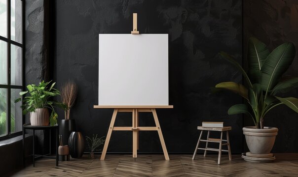 Easel with blank canvas standing on concrete floor near dark wall. Mock up