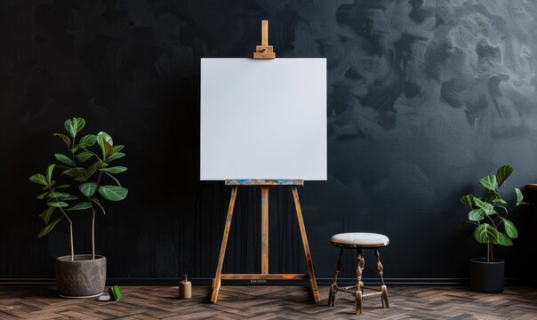 Wooden easel with blank canvas standing near black wall, mockup