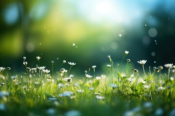 Spring background with grass and white flowers in the forest on a meadow on a sunny day on a blurred background