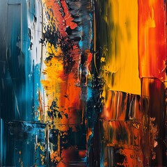 Vibrant Abstract Painting Showcasing a Rich Mixture of Blue, Orange, and Yellow Hues with Textured Brush Strokes