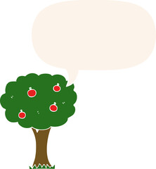 cartoon apple tree and speech bubble in retro style