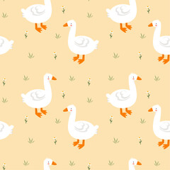 Seamless pattern with ducks, geese and flowers. Kids vector illustration, cartoon, flat style. 