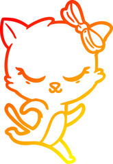 warm gradient line drawing cute cartoon cat with bow running