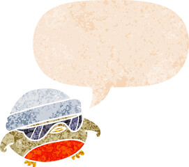 cartoon cool christmas robin and speech bubble in retro textured style