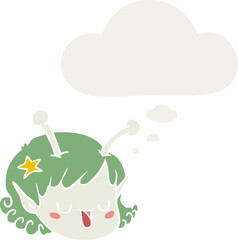 cartoon alien space girl face and thought bubble in retro style