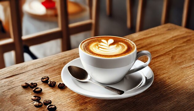 X&iacute;cara de caf&eacute; com desenho na mesa de uma cafeteria, colher ao lado e gr&atilde;os de caf&eacute;