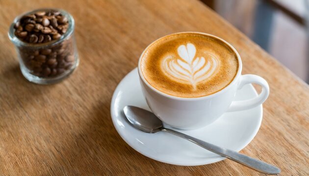X&iacute;cara de caf&eacute; com desenho na mesa de uma cafeteria, colher ao lado