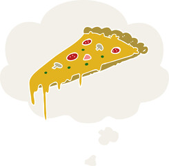 cartoon pizza slice and thought bubble in retro style