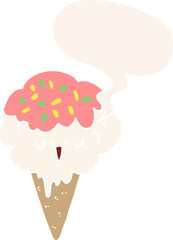 cartoon ice cream and speech bubble in retro style