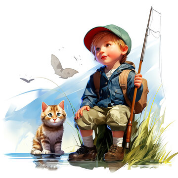 Two red-haired friends - a boy and a cat - fishing in the river.