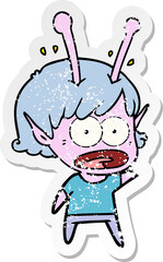 distressed sticker of a cartoon shocked alien girl