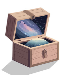 illustration détourée d'une boîte en bois ouverte avec une galaxie dans l'espace à l'intérieur dans un style simple flat design graphique