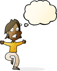 cartoon panicking man with thought bubble