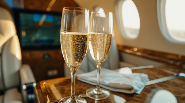 champagne on board a private jet. a flight on the board of a business class plane and two flutes of champagne. Toast in private jet airplane. Champagne onboard a Luxury Private Airplane.