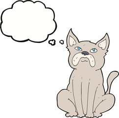 cartoon grumpy little dog with thought bubble
