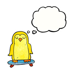 thought bubble textured cartoon bird on skateboard
