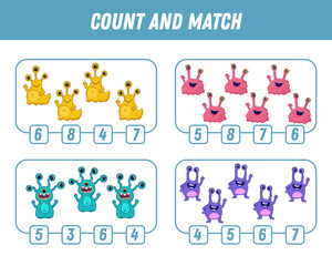 Education game for children count and match of cute cartoon monsters, printable worksheet. Vector