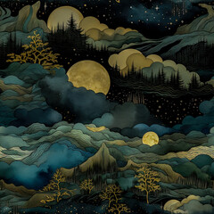 Seamless pattern with mountains, forest and moon.