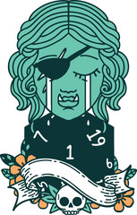 crying orc rogue character face with natural one D20 roll illustration