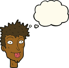 cartoon man sticking out tongue with thought bubble