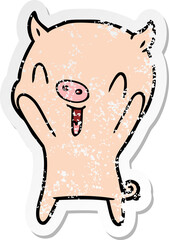 distressed sticker of a happy cartoon pig