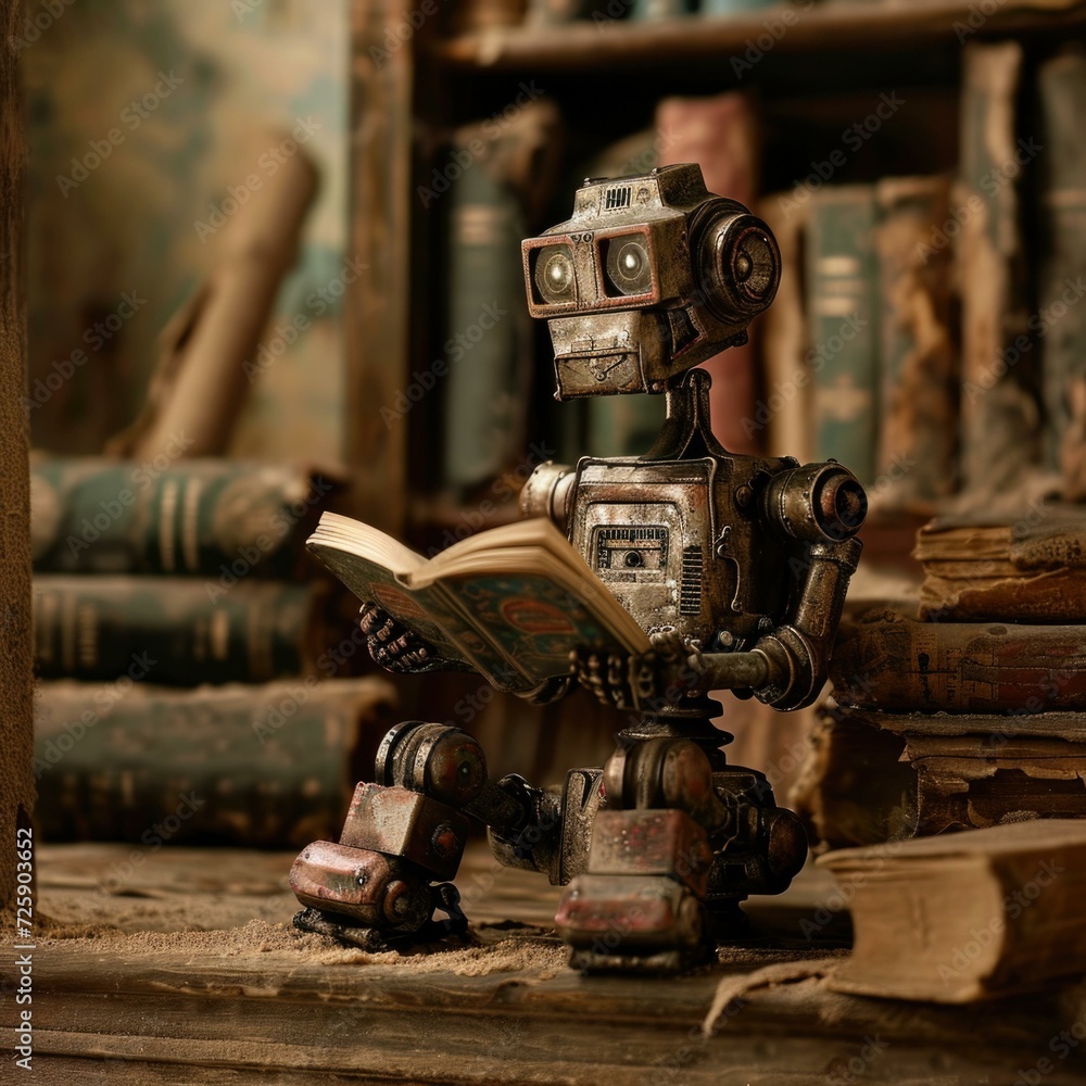Poster a robot reading a book in front of a library. generative ai.