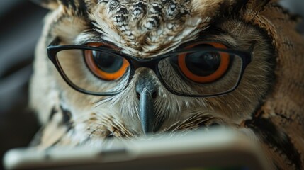 An owl wearing glasses and looking at a cell phone. Generative AI. - obrazy, fototapety, plakaty