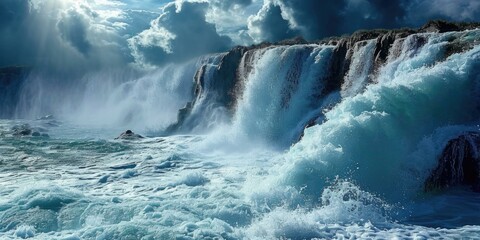 Obraz premium A waterfall with water crashing over it. Generative AI.