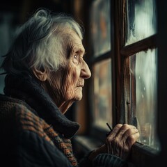 An old woman looking out the window. Generative AI.