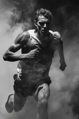 A man running in the smoke. Generative AI.