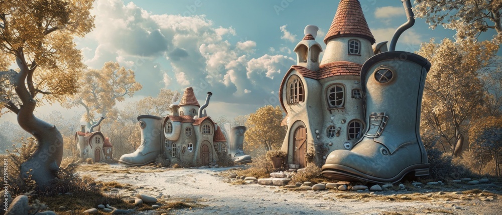 Canvas Prints A fantasy house with a large boot on the ground. Generative AI.